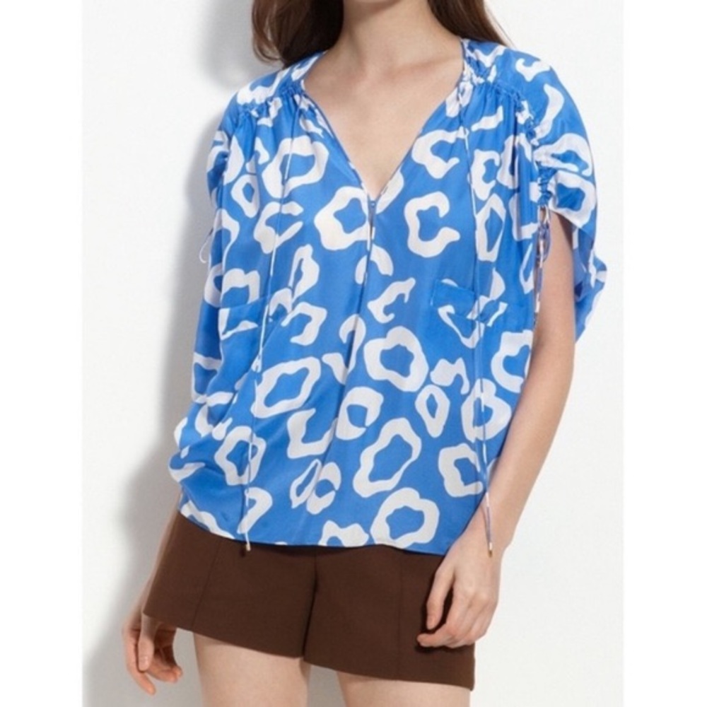 DVF Cascadia Blue & White Leopard Silk Blouse